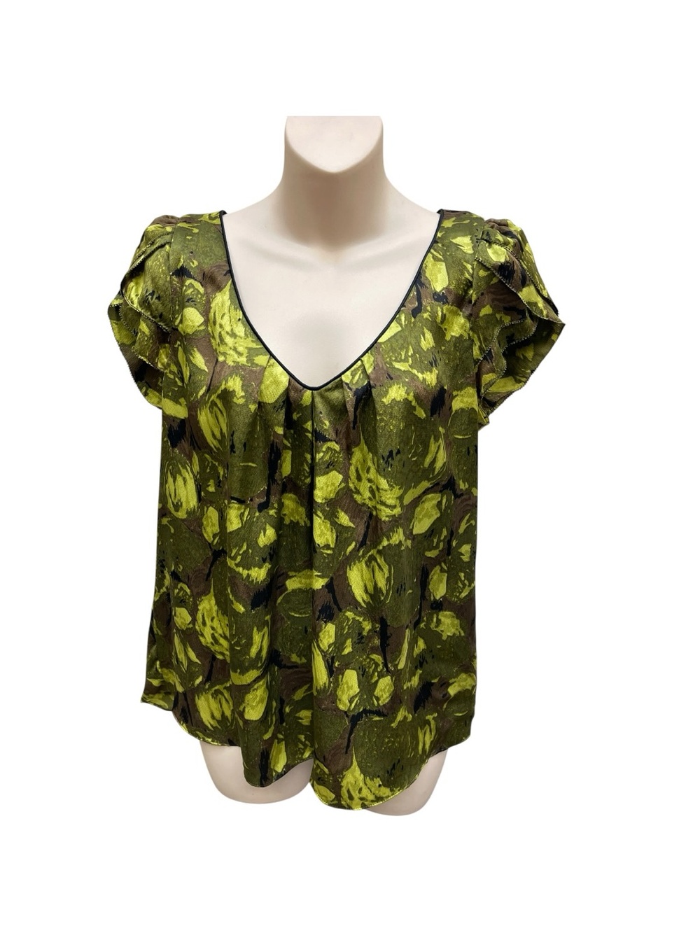 Kenar 100% Silk Green Abstract Print Flutter Sleeve Blouse Medium